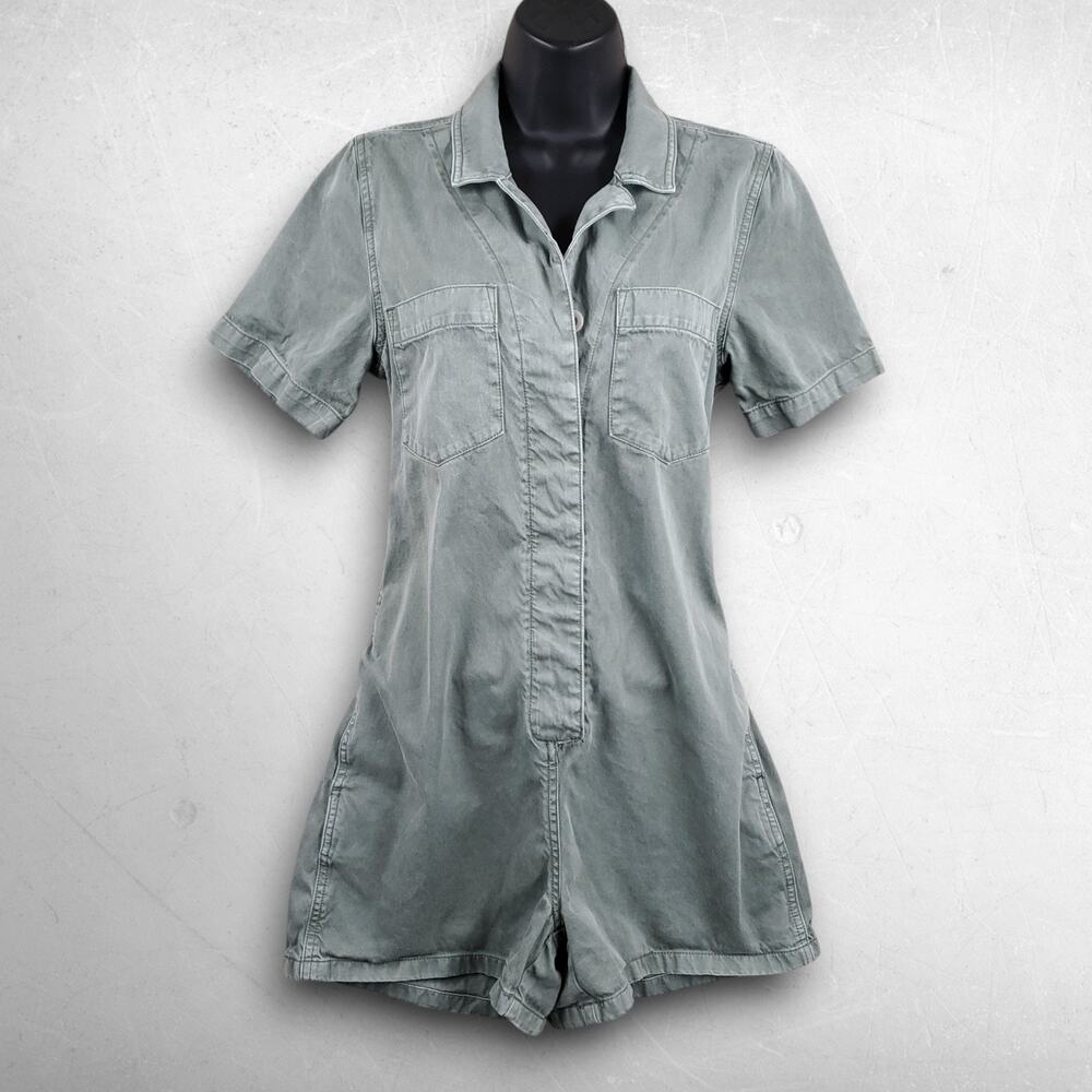 Madewell Garment-Dyed Coverall Romper Women S Green Short Sleeve Pockets Utility
